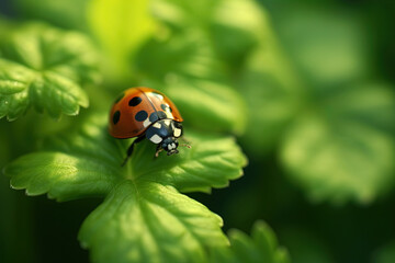 A ladybug on a green leaf in the summer. Generative AI.