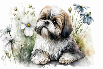 Naklejka na ściany i meble Shih Tzu lap dog toy pet digital art. Small Chrysanthemum breed. Generative AI.