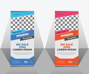 Rent A Car Roll Up Banner, Standee Design Banner, Modern Business Vector Banner, Car rent x-stand, exhibition display, social networks, creative Presentation Standee. 