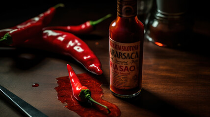 Tabasco hot pepper sauce with red chili pepper, flat lay. Generative AI