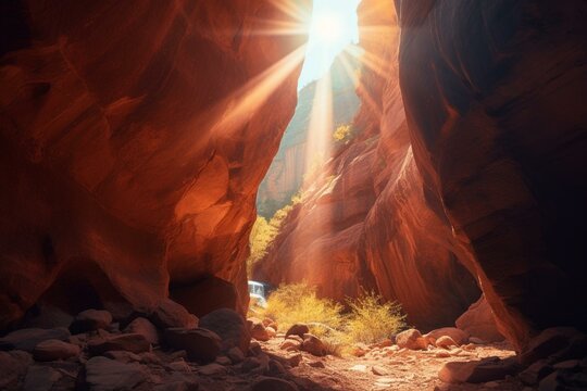 Vibrant canyon scene with crystal portal and sunlight. Generative AI