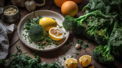 Tasty cooked broccolini with cheese, quail eggs and lemon on white tiled table, top view. Generative AI