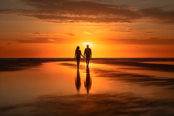 Fototapeta premium 夕日の美しいビーチを歩くカップル with generative ai