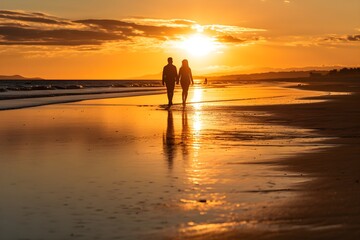 Fototapeta premium 夕日の美しいビーチを歩くカップル with generative ai