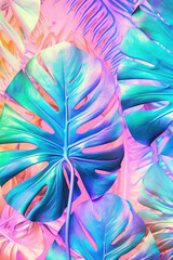 Fototapeta na wymiar monstera leaves texture. tropical neon background. pink, purple and turquoise. generative ai, ai, generative.