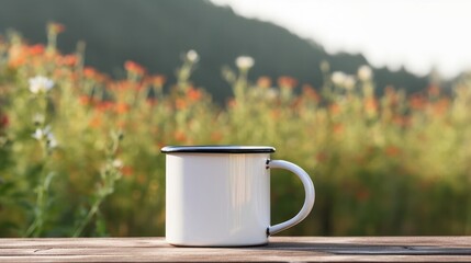 Close up of metal mug on wooden table with defocused blooming mountain meadow. Outdoor tea, coffee time. Mockup of white enamel cup. Lifestyle relax, trekking and camping concept.