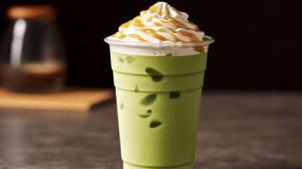 Green tea in a takeaway glass with whipping cream and syrup on the table in cafe background.