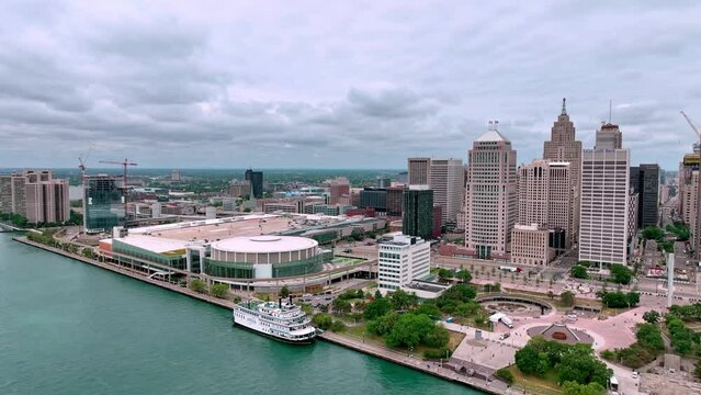 City of Detroit Michigan from above - aerial view over downtown and Detroit River - aerial photography by drone