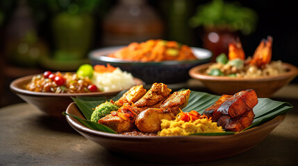 Traditional indonesian food served on table in restaurant. A plate of food with a bowl of rice and a small bowl of sauce. Realistic 3D illustration. Generative AI