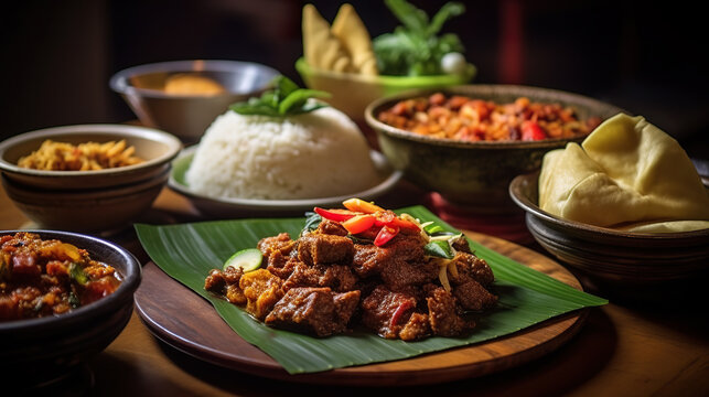 Traditional indonesian food served on table in restaurant. A plate of food with a bowl of rice and a small bowl of sauce. Realistic 3D illustration. Generative AI