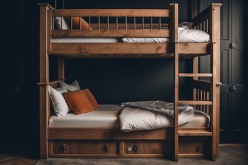 Twin-size wooden bunk bed with two sleeping spaces stacked vertically. Generative AI