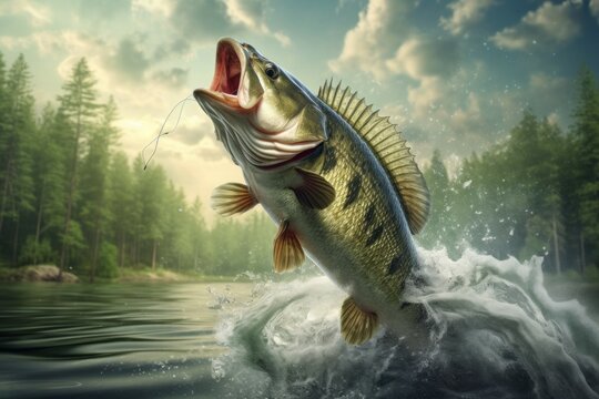 A fish jumps and splashes in a lake or pond. Fishing concept. Background with selective focus. AI generated