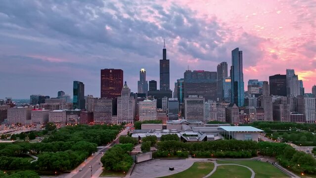 Beautiful evening view over Chicago downtown and Grant Park aerial view over the city - aerial photography by drone