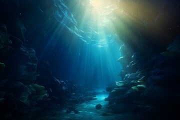 Obraz na płótnie Canvas Transparent water, underwater sea background. Mockup or backdrop with sunbeams under water. AI generated, human enhanced