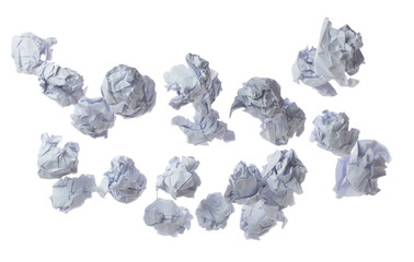 Crumpled paper ball is symbol of frustration discarded ideas, isolated white background. Crumpled paper ball write creative process, problem-solving, potential innovation. Many recycle paper angle