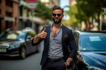 Successful male businessman next to an expensive luxury car. Background with selective focus. AI generated - obrazy, fototapety, plakaty
