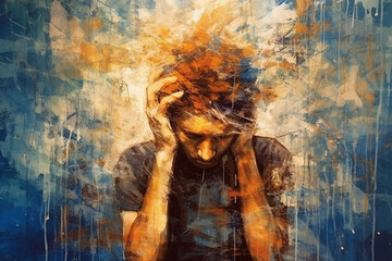 abstract pic of male suffering from low self esteem, anxiety, anger issues, inner critical voices and negativity from insecure thoughts made with generative ai