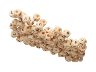 Alphabet letter word wooden bead explode fly in air. Many group of wooden bead screen type font of english letter word in alphabet. White background isolated