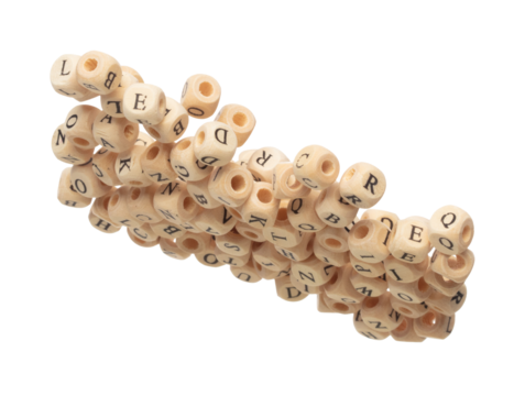 Alphabet letter word wooden bead explode fly in air. Many group of wooden bead screen type font of english letter word in alphabet. White background isolated