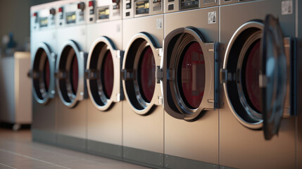 A row of industrial laundry machines - obrazy, fototapety, plakaty