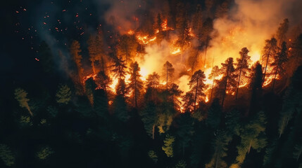 Forest fire at night, view from above