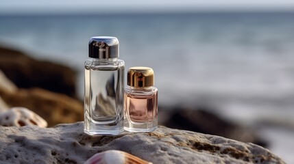 bottles and flacons with perfume, the concept of making spirit of perfume products, AI generation