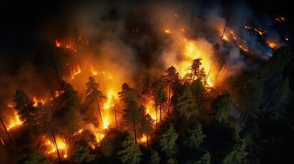 Fototapeta na wymiar Forest fire at night, view from above