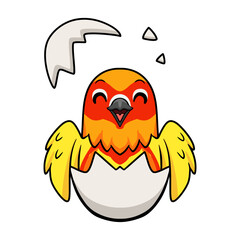 Cute yellow and green parrot lovebird cartoon inside from egg
