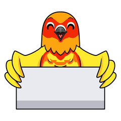Cute yellow and green parrot lovebird cartoon holding blank sign