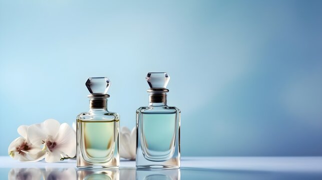 bottles and flacons with perfume, the concept of making spirit of perfume products, AI generation