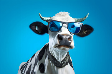 Funny cow with sunglasses in front of blue studio background