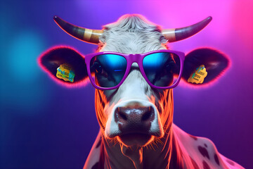 Funny cow with sunglasses in front of neon studio background