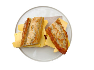 Fresh cheese sandwich with baguette bread and gouda on a plate isolated png file