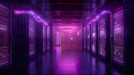 Illustration of symmetric futuristic corridor illuminated with vivid multicolored neon lamps. Server room with sparking energy and a purple glow. Realistic 3D illustration. Generative AI