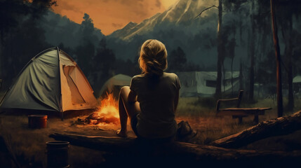 キャンプ場で座っている、後ろ姿の女性