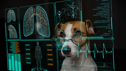 Jack Russell Terrier dog looks at a virtual screen with a medical examination of the respiratory...