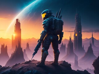 Naklejka premium Sci-fi soldier with the gun. Futuristic soldier standing on city ruins against the glowing planet. Generative AI