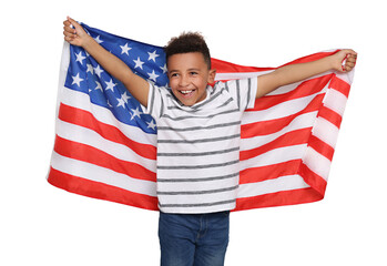 4th of July - Independence day of America. Happy kid with national flag of United States on white background