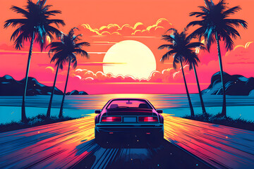 Summer vibes 80s style illustration with car driving into sunset. 