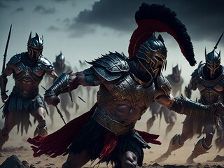 Dark epic of spartan warrior in the battle, battle action, dynamic battle scene. Generative AI