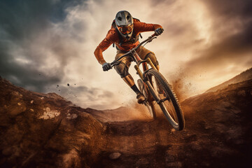 Fototapeta na wymiar mountain bike in the sky. mountain bike rider. Young cyclist riding cycle. Generative AI