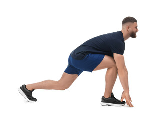 Obraz premium Man doing stretching on white background. Morning exercise