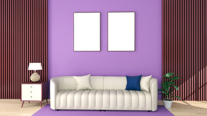 Living room interior with white sofa and two mock up posters on wall. 3D illustration