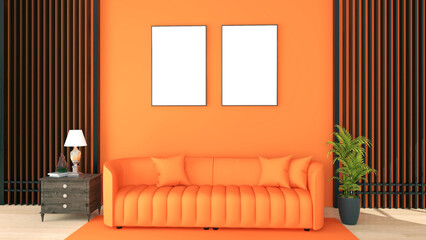 Living room interior with orange sofa and two mock up posters on wall. 3D illustration