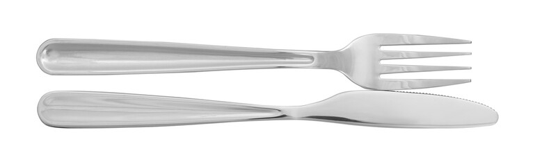 Knife and fork isolated on white, top view. Stylish shiny cutlery set