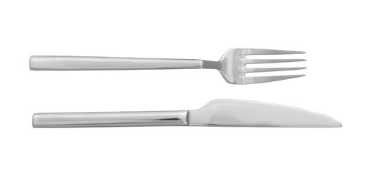 Knife and fork isolated on white, top view. Stylish shiny cutlery set - obrazy, fototapety, plakaty