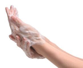 Woman washing hands with cleansing foam on white background, closeup - obrazy, fototapety, plakaty