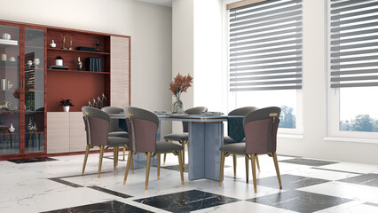 Modern dining room interior design. 3D render illustration mock up