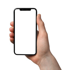 Man holding smartphone with blank screen on white background. Mockup for design