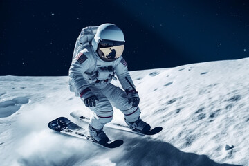 Fototapeta na wymiar Astronaut in space suit on snowboard in space. Generative AI